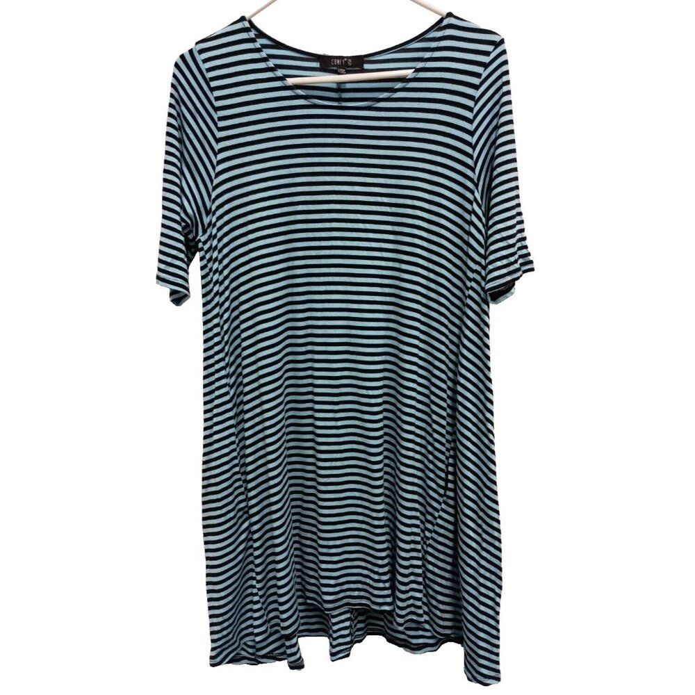 Comfy USA Lagenlook Tunic Top Womens Small Black Blue Striped Short Sleeve Tee